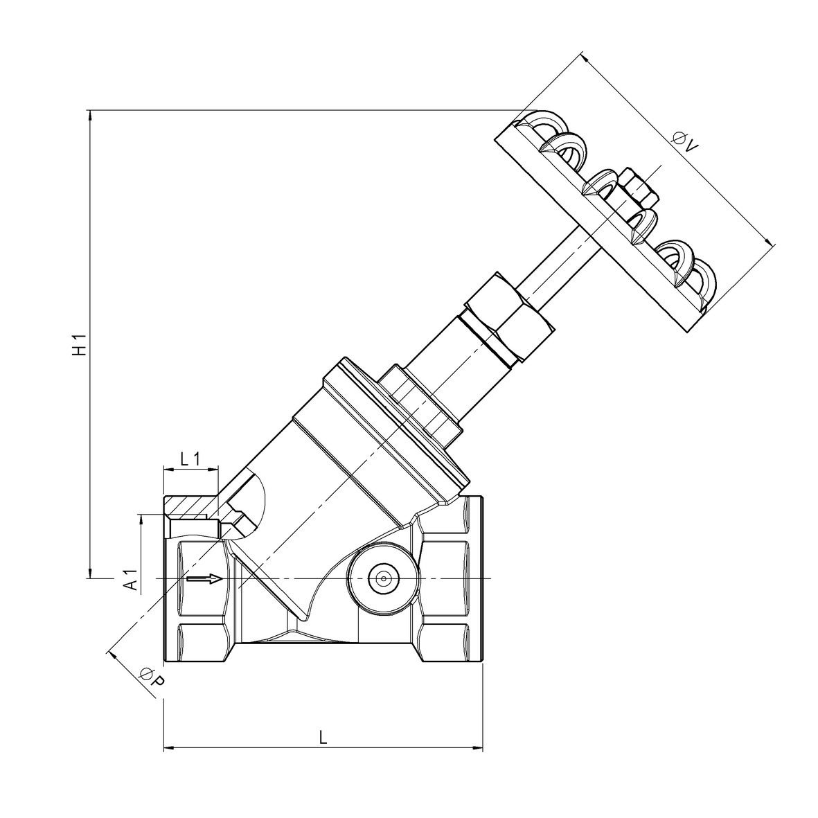 Bronze stop cock, with 45° angled body with flat valve FEMALE-FEMALE