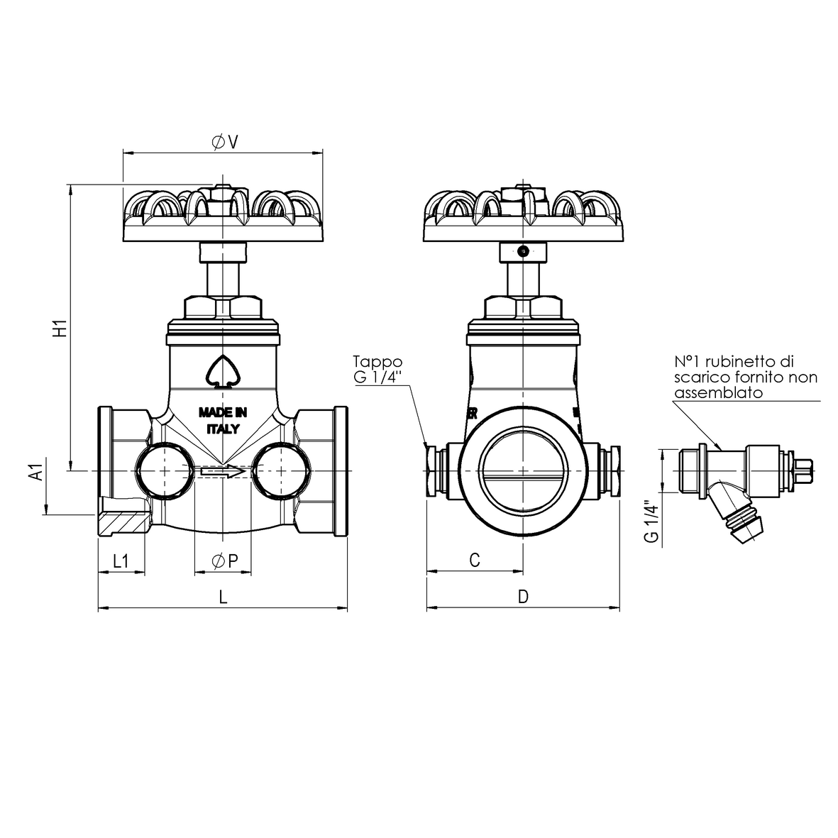 Rubinetto di arresto in bronzo unidirezionale tipo pesante con 4 scarichi laterali con 1 rubinetto di scarico F-F