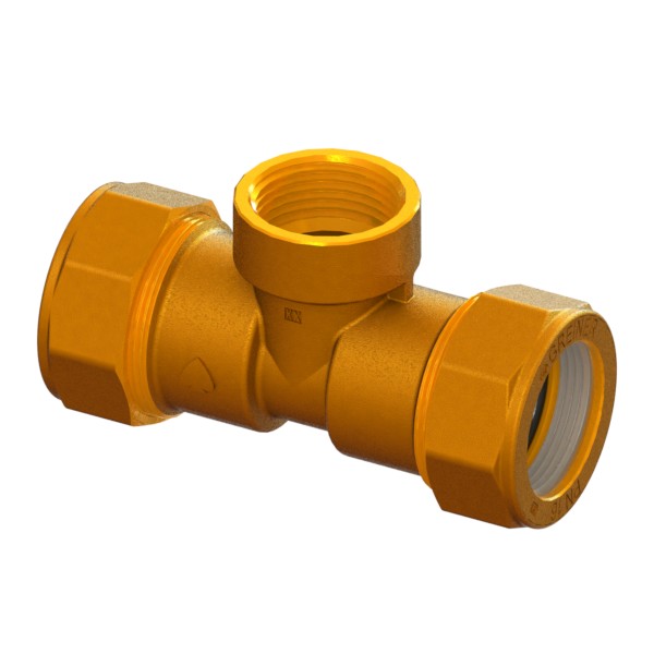 Brass compression fitting for iron pipe, triple, with central threaded connection IRON-FEMALE-IRON