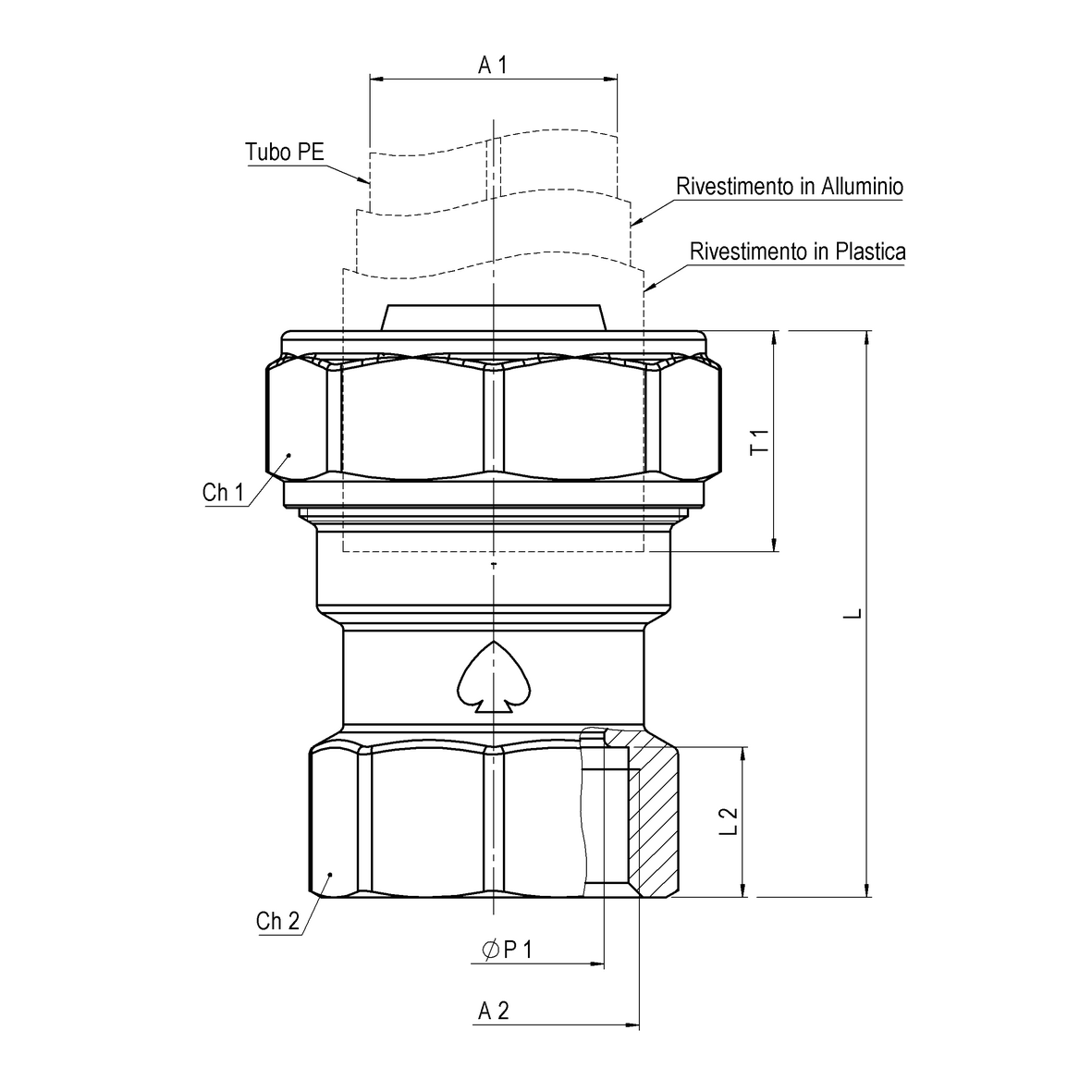 Compression fitting in CR brass for barrier multi-layer PE pipe, PE-FEMALE