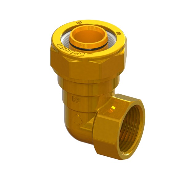 Right-angle compression fitting in CR brass for barrier multi-layer PE pipe, PE-FEMALE