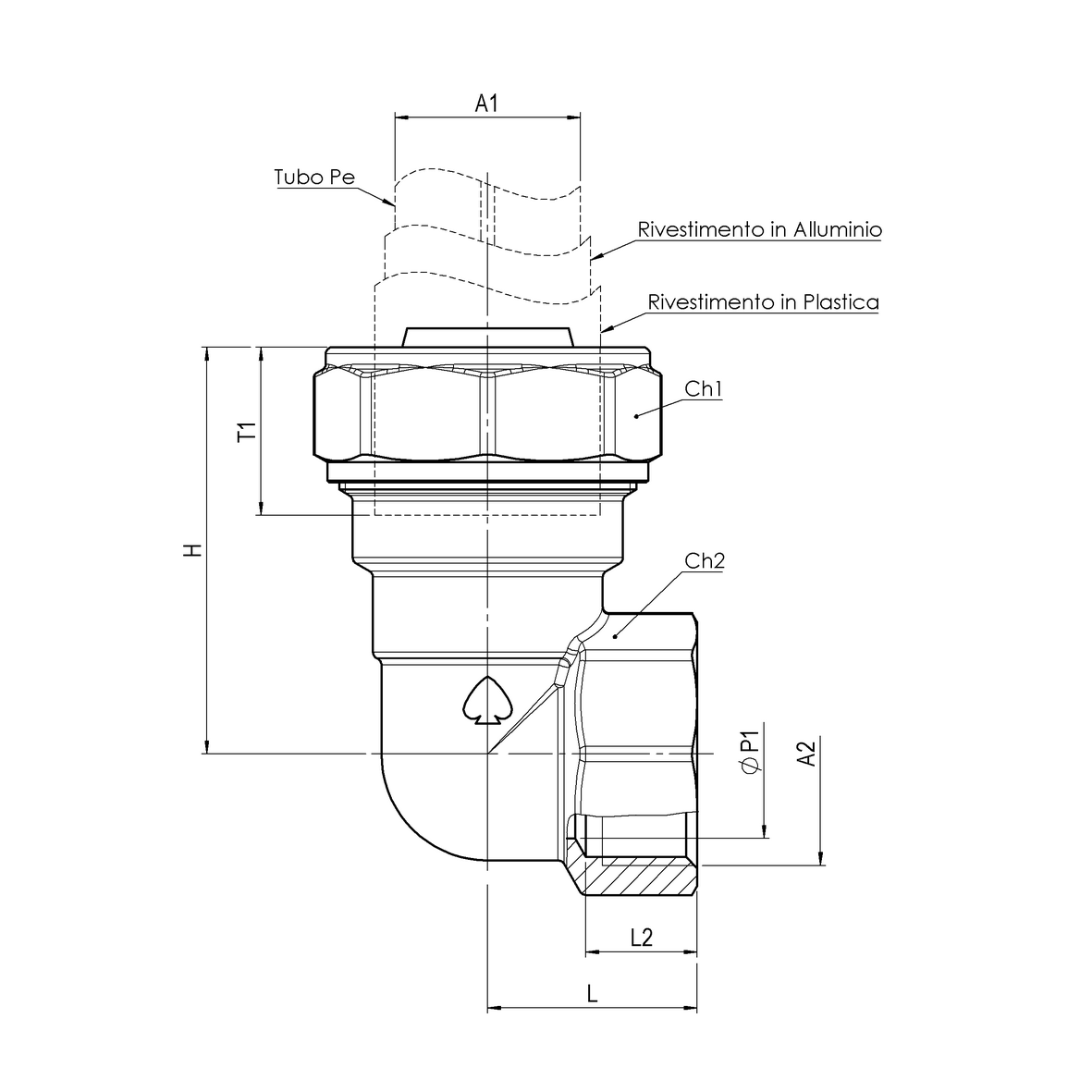 Right-angle compression fitting in CR brass for barrier multi-layer PE pipe, PE-FEMALE