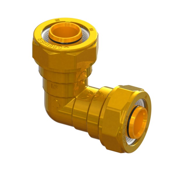Right-angle compression fitting in CR brass for barrier multi-layer PE pipe, PE-PE