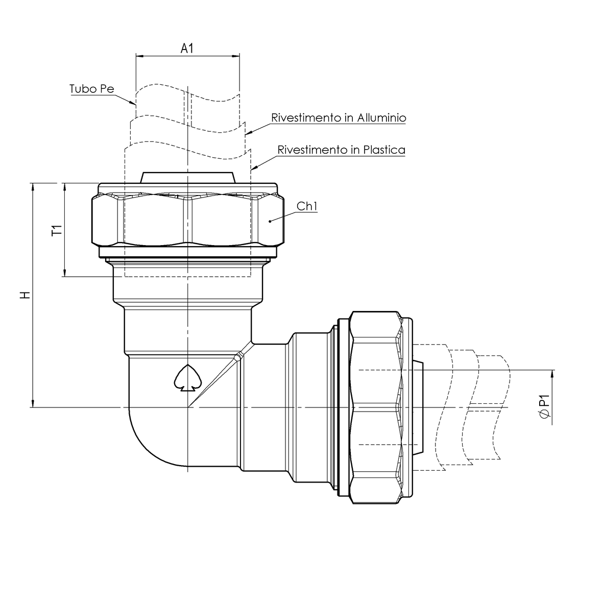 Right-angle compression fitting in CR brass for barrier multi-layer PE pipe, PE-PE