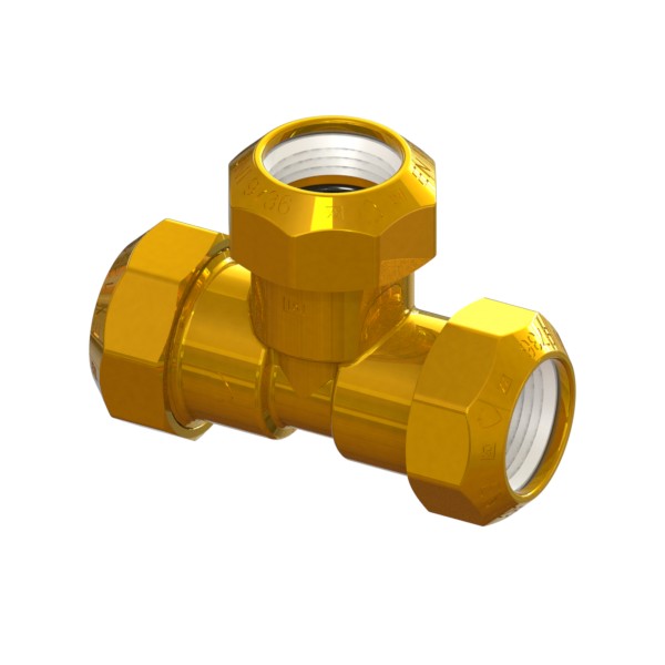 Compression fitting in CR brass for PE PN16 pipe, triple, PE-PE-PE