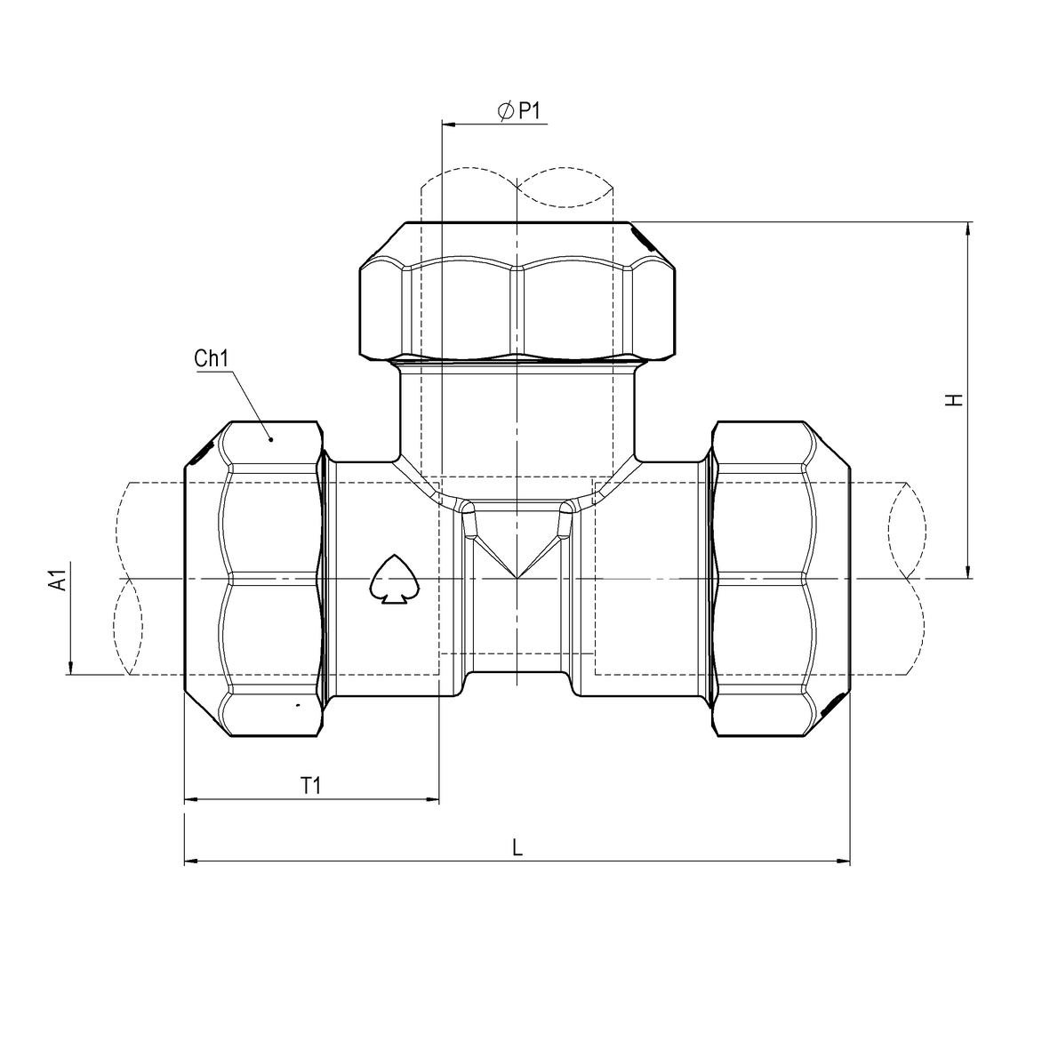 Compression fitting in CR brass for PE PN16 pipe, triple, PE-PE-PE