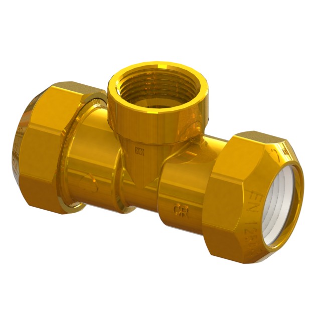 Compression fitting in CR brass for PE PN16 pipe, triple, with central threaded connection PE-IRON-PE