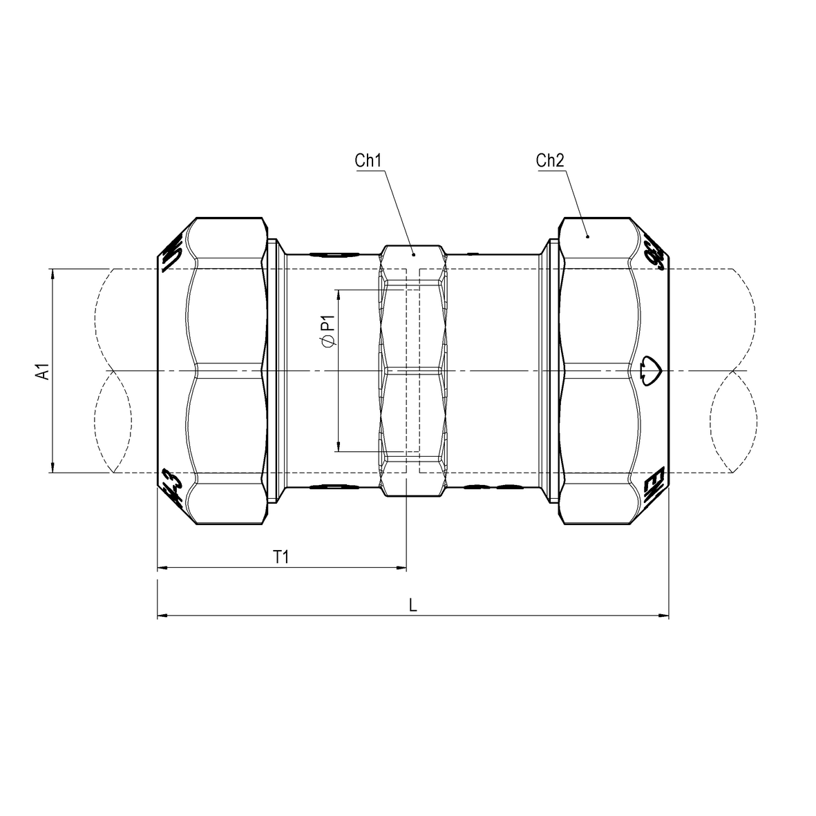 Compression fitting in CR brass for PE PN16 pipe, double PE-PE