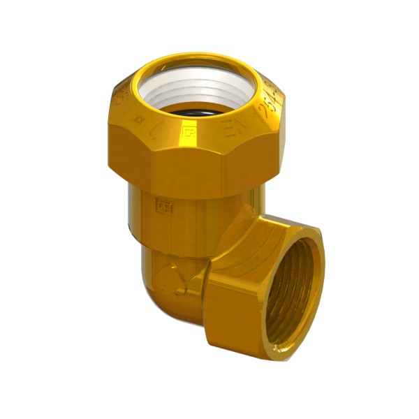Right-angle compression fitting in CR brass for PE PN16 pipe, PE-FEMALE
