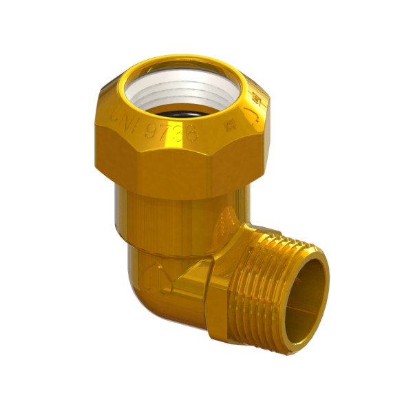 Right-angle compression fitting in CR brass for PE PN16 pipe, PE-MALE