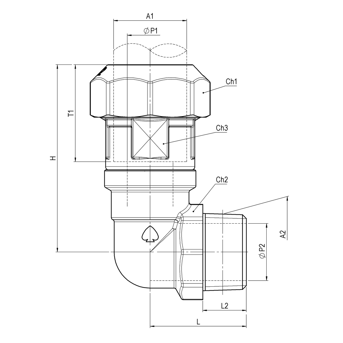 Raccordo in ADZ a serraggio meccanico per tubo PE PN16 a squadra tipo girevole PE-M
