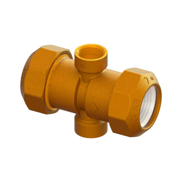 Cross compression fitting for PE PN16 pipe with reduced central connections PE-FEMALE-FEMALE-PE