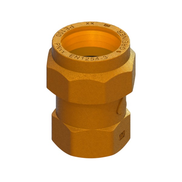 Compression fitting for PE PN25 pipe, with brass compression ring, PE-FEMALE