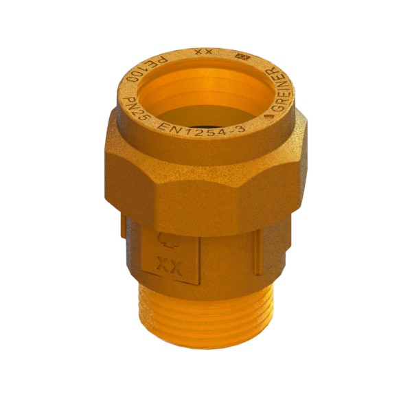 Compression fitting for PE PN25 pipe, with brass compression ring, special sizes, PE-MALE