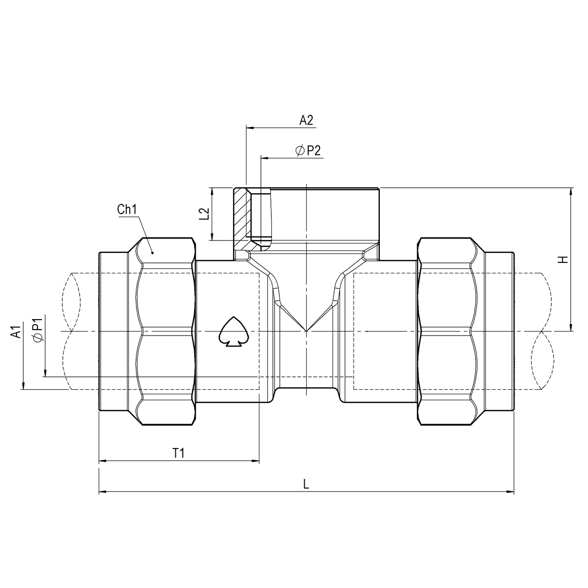 Compression fitting for PE PN25 pipe, with brass compression ring, triple, with central threaded connection PE-IRON-PE
