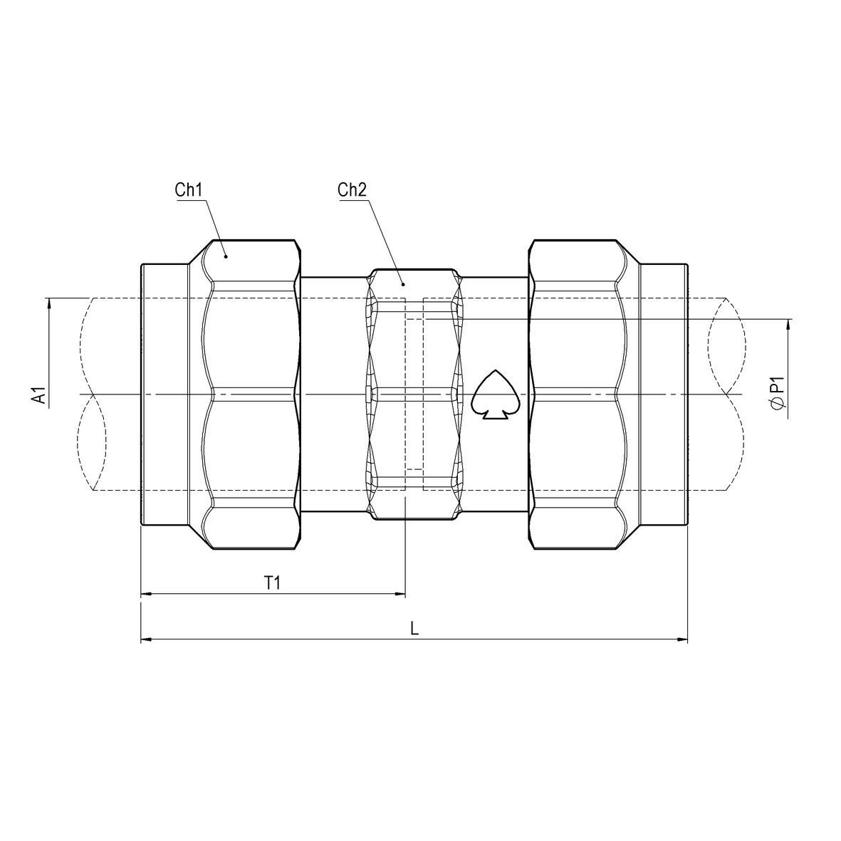 Compression fitting for PE PN25 pipe, with brass compression ring, double, PE-PE-PE