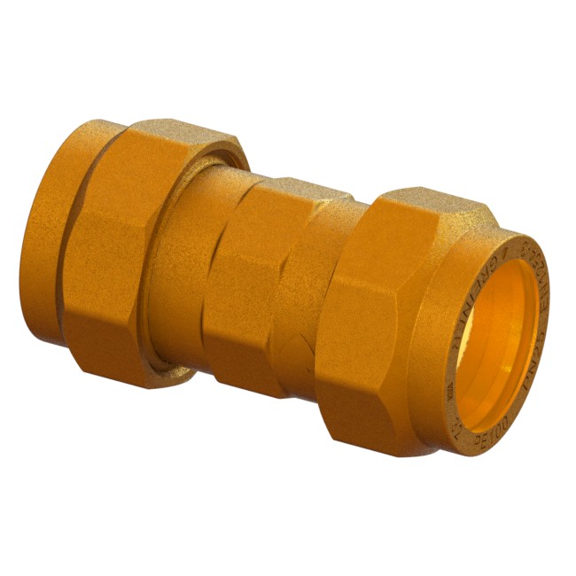 Compression fitting for PE PN25 pipe, with brass compression ring, double, PE-PE-PE