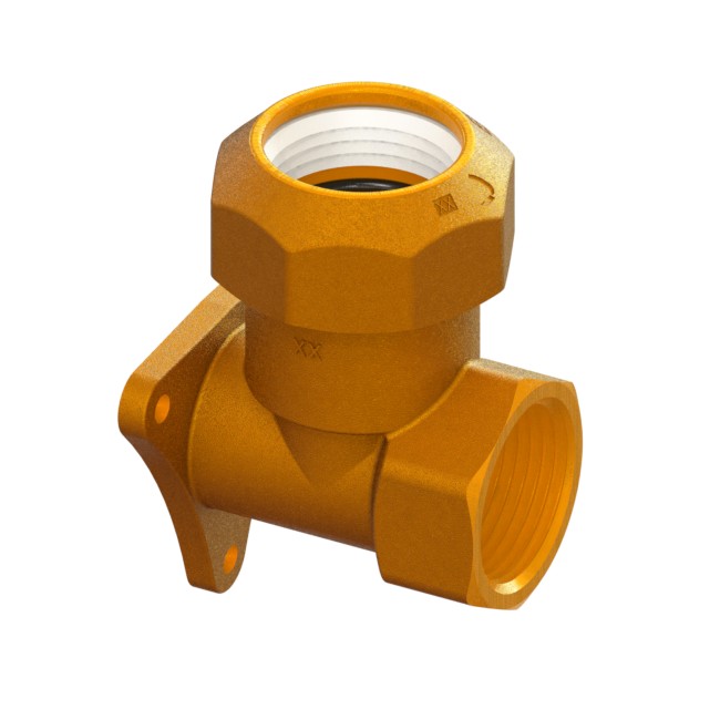 Right-angle compression fitting for PE PN16 pipe with base for wall mounting, PE-FEMALE