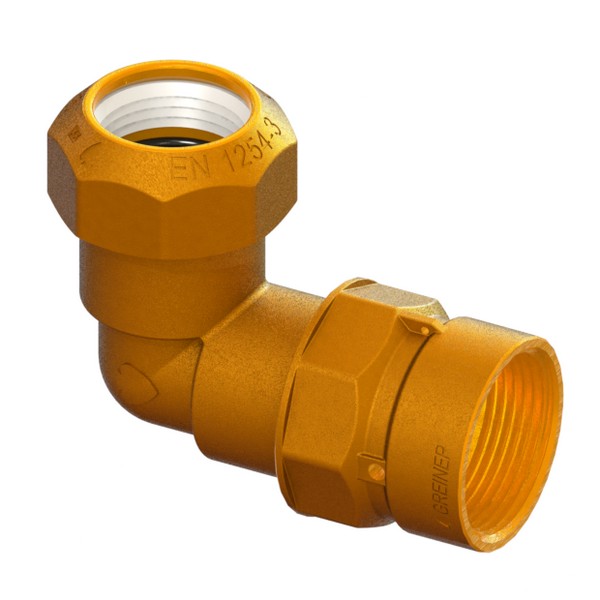 Compression fitting for PE PN16 pipe, right-angle, with connection for protective pipe PE-PE