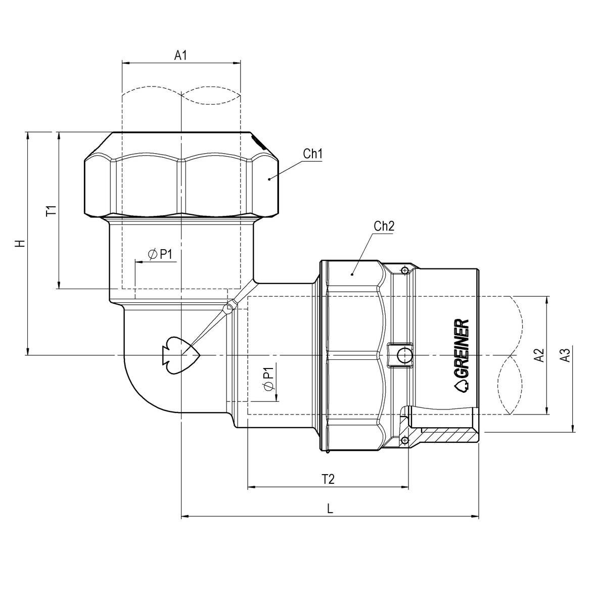 Compression fitting for PE PN16 pipe, right-angle, with connection for protective pipe PE-PE