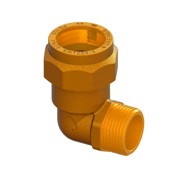 Right-angle compression fitting for PE PN25 pipe, with brass compression ring, PE-MALE