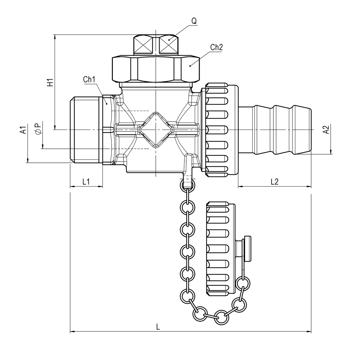 Brass conical plug valve for boiler outlet with hose connection, plug and chain, with square head MALE-PG