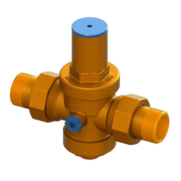 Piston water pressure reducing valve PN25, made of brass, setting range: 1 to 5.5 bar, set to 3 bar, MALE connections pipe union