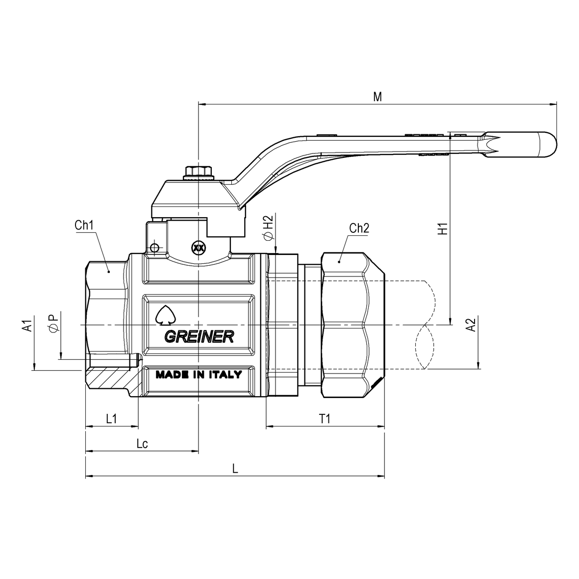 Gas full-bore ball valve, heavy execution, for PE pipe with compression fitting, with handle, IRON-PE