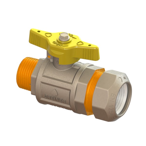 Gas full-bore ball valve, heavy execution, for PE pipe with compression fitting, with yellow sealable T-handle, MALE-PE