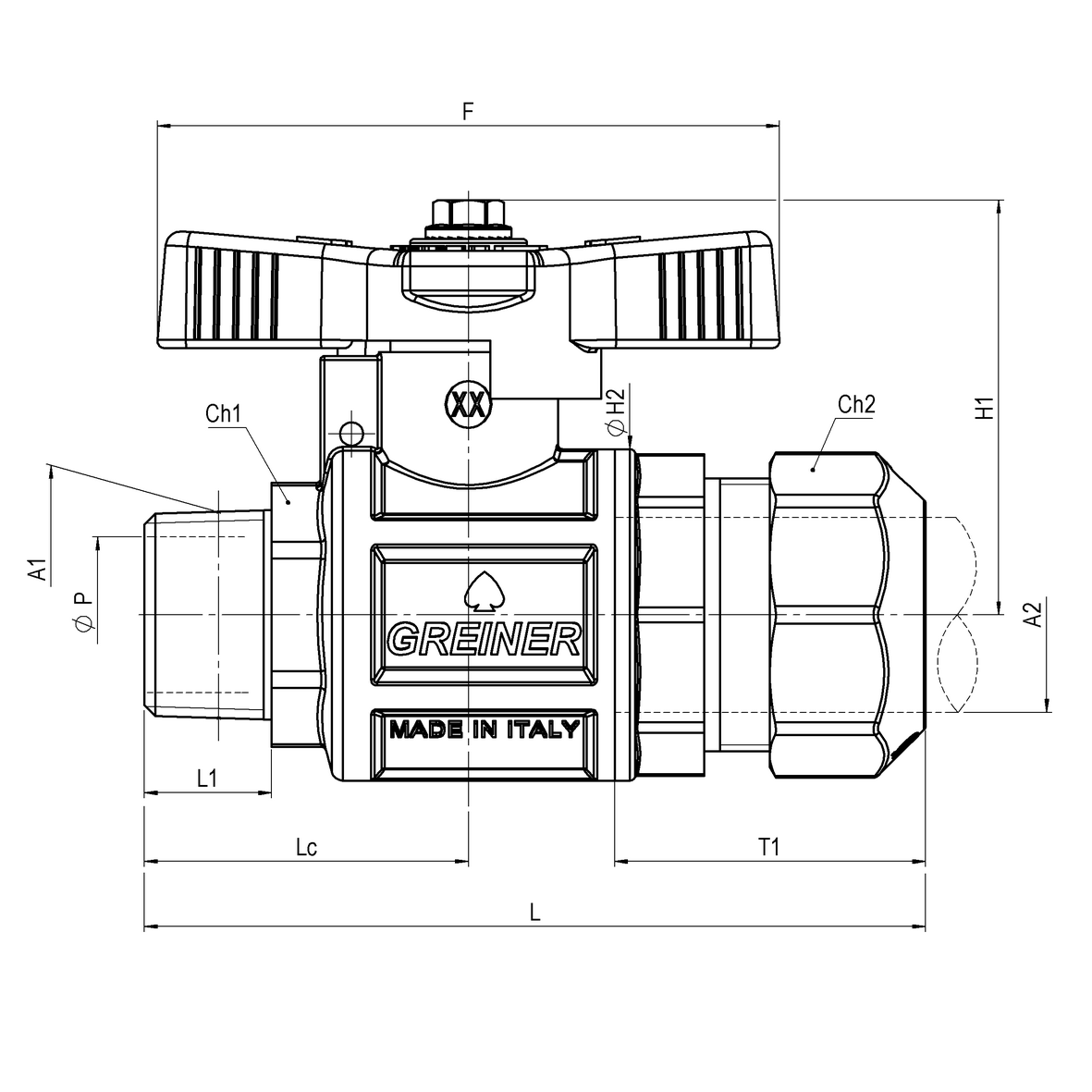 Gas full-bore ball valve, heavy execution, for PE pipe with compression fitting, with yellow sealable T-handle, MALE-PE