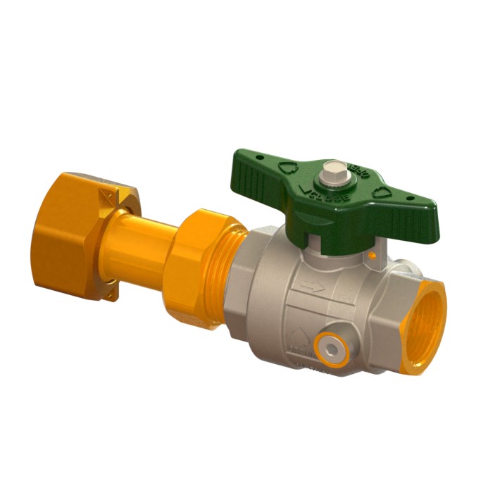 Water full-bore ball valve, standard series, Full Ball model and 2 drains downstream of it, with sealable T-handle FEMALE-MOVING NUT telescopic