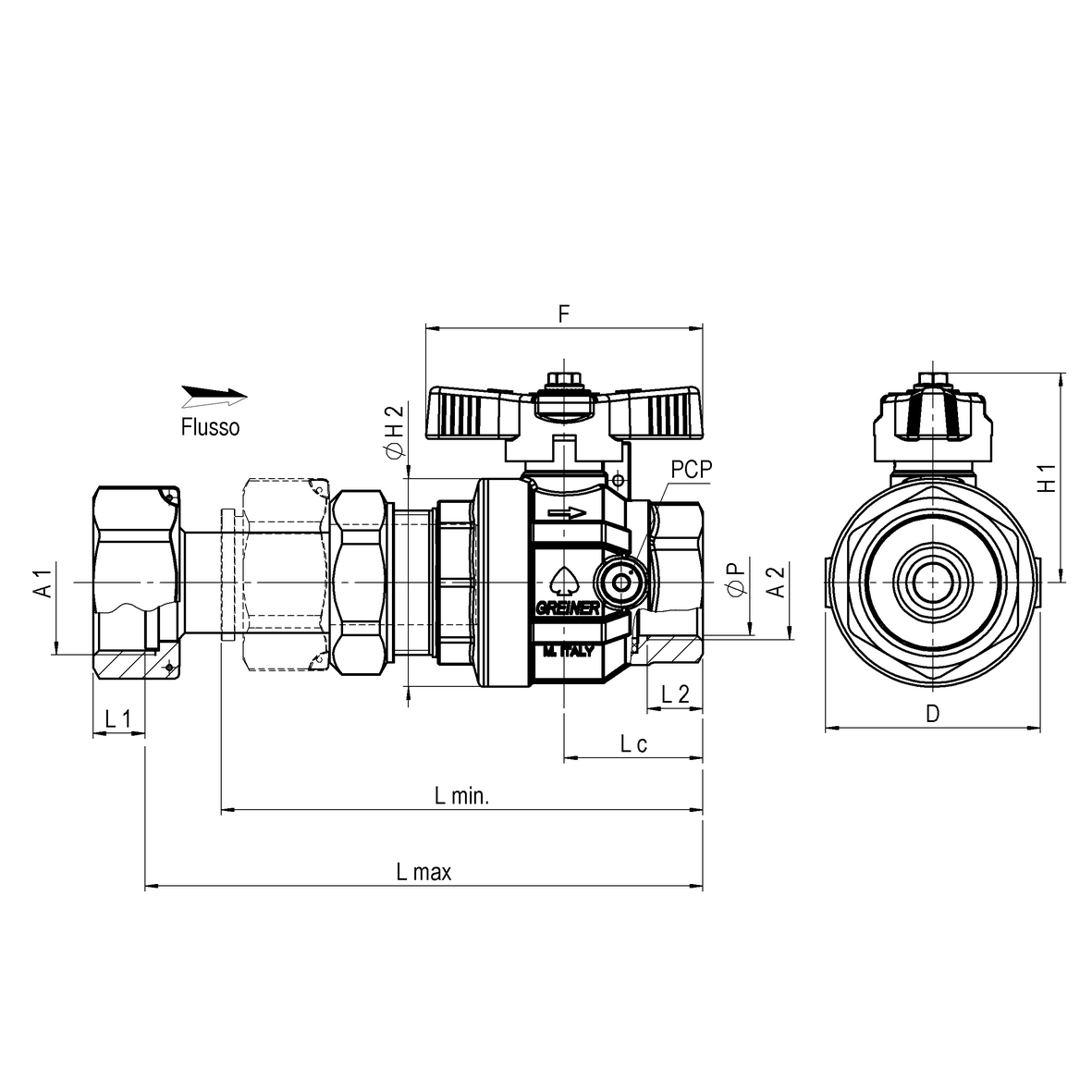 Water full-bore ball valve, standard series, Full Ball model and 2 drains downstream of it, with sealable T-handle FEMALE-MOVING NUT telescopic