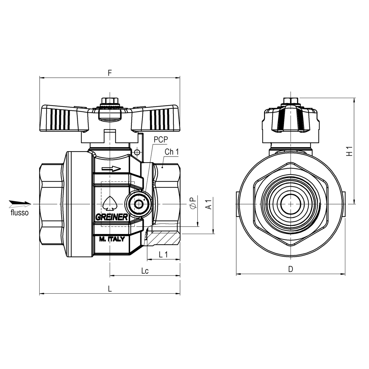 Water full-bore ball valve, standard series, Full Ball model and 2 side drains with sealable T-handle FEMALE-FEMALE