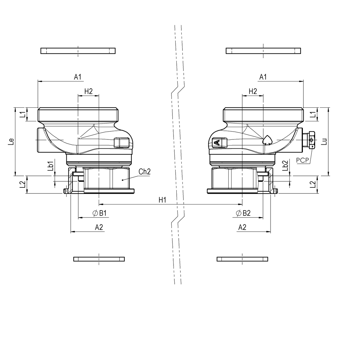 Double adapter kit for gas meter from L=250 to L=280 with PCP R 1/8” outlet with gaskets MALE-MOVING NUT
