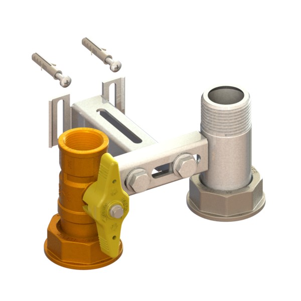 Mensola per contatore gas I=110 valvola in entrata con farfalla gialla sigillabile cannotto in uscita con supporto ad U e tasselli F-GI-M