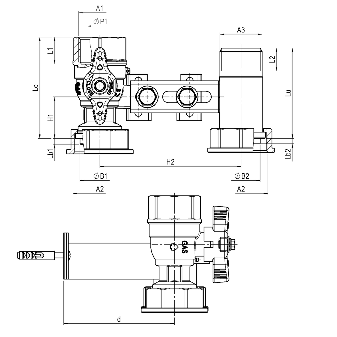 Mensola per contatore gas I=110 valvola in entrata con farfalla gialla sigillabile cannotto in uscita con supporto ad U e tasselli F-GI-M