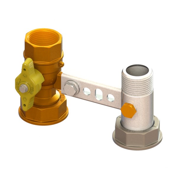 Bracket for gas meter L=110, inlet valve with yellow sealable T-handle, outlet tail with PCP FEMALE-MOVING NUT-MALE