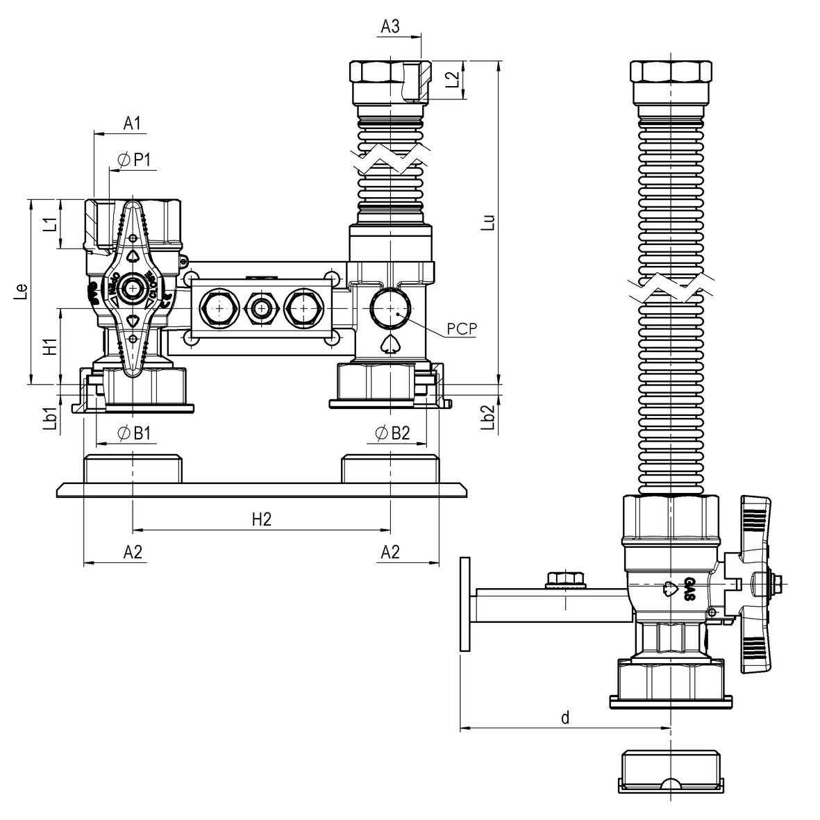 Bracket for gas meter L=110, inlet valve with yellow sealable T-handle, outlet tail with PCP and flexible L=300 with adjustable support FEMALE-MOVING NUT-MALE