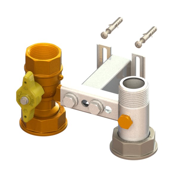 Mensola per contatore gas I=110 valvola in entrata con farfalla gialla sigillabile cannotto in uscita con PCP con supporto ad U e tasselli F-GI-M