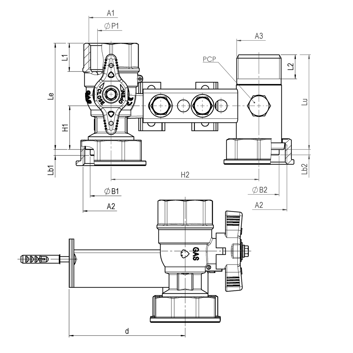 Mensola per contatore gas I=110 valvola in entrata con farfalla gialla sigillabile cannotto in uscita con PCP con supporto ad U e tasselli F-GI-M