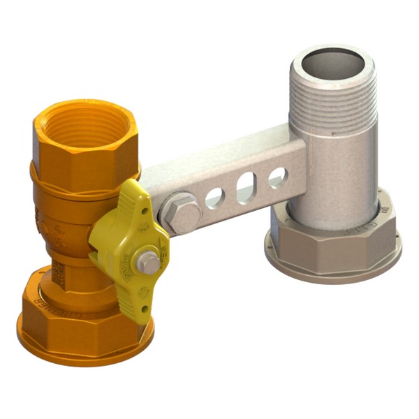 Bracket for gas meter L=110, inlet valve with yellow sealable T-handle, outlet tail FEMALE-MOVING NUT-MALE