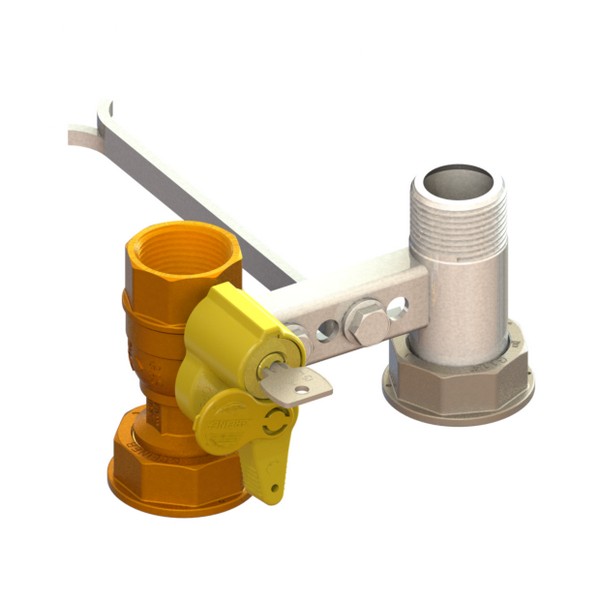 Bracket for gas meter L=110, inlet valve with lock 301 to 340, outlet tail with wall up fixing plate FEMALE-MOVING NUT-MALE