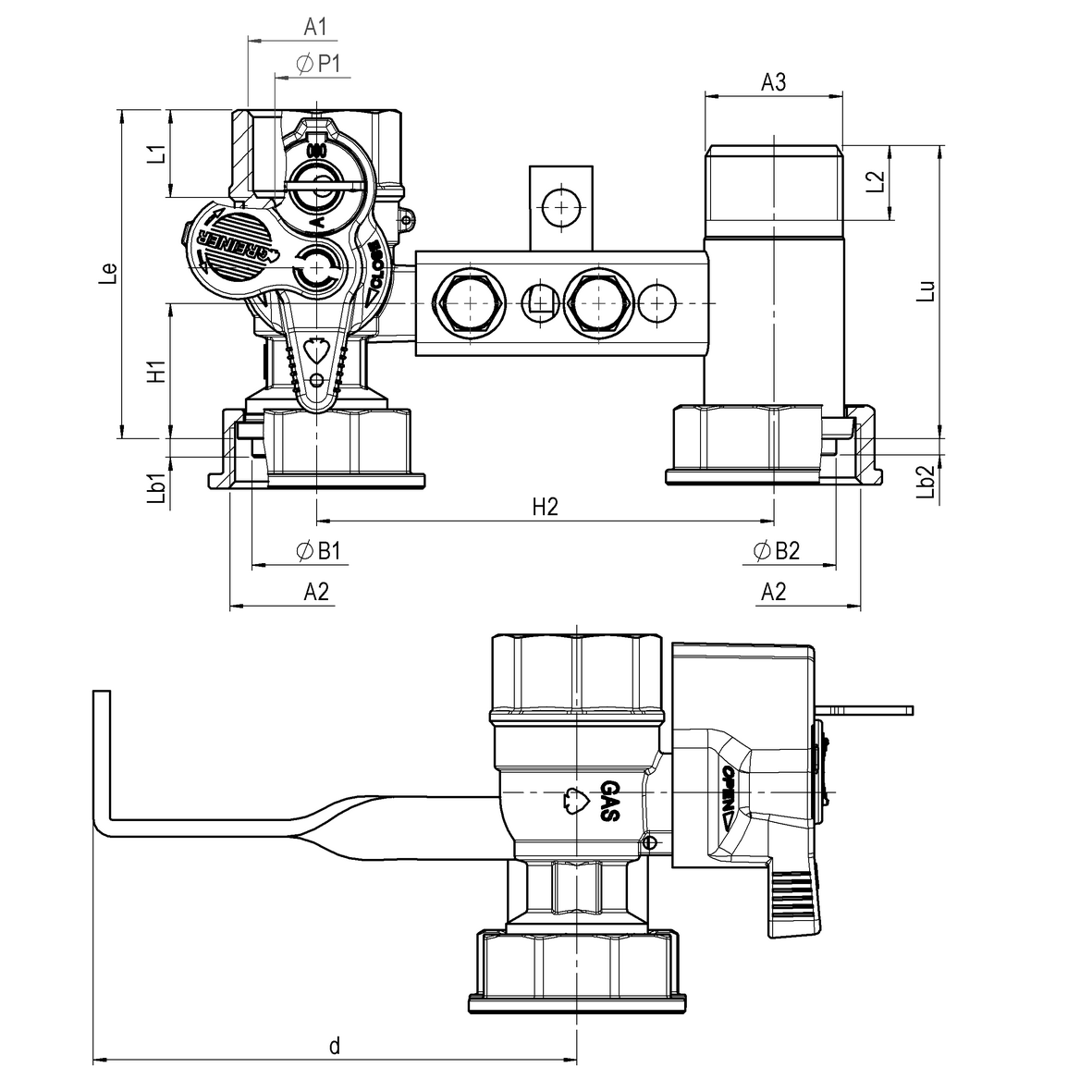 Bracket for gas meter L=110, inlet valve with lock 301 to 340, outlet tail with twisted fixing plate FEMALE-MOVING NUT-MALE