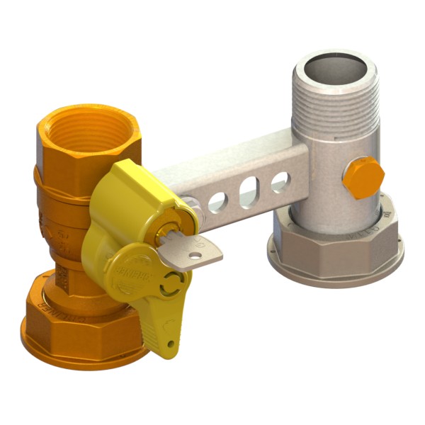 Bracket for gas meter L=110, inlet valve with lock 301 to 340, outlet tail with PCP FEMALE-MOVING NUT-MALE