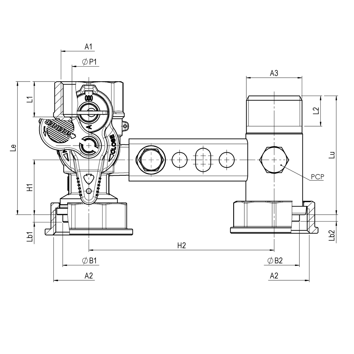 Bracket for gas meter L=110, inlet valve with lock 301 to 340, outlet tail with PCP FEMALE-MOVING NUT-MALE