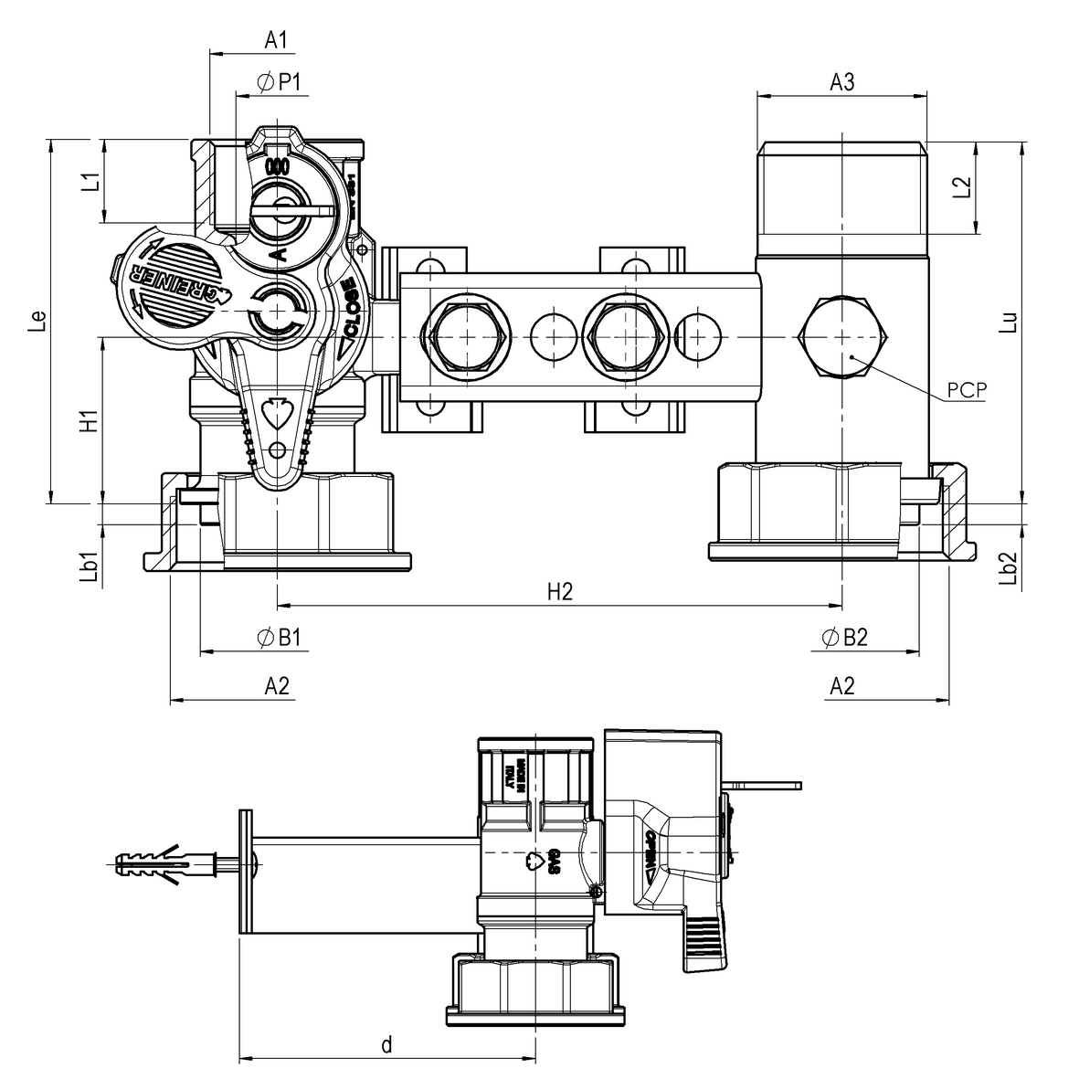 Mensola per contatore gas I=110 valvola in entrata con serratura 301÷340 cannotto in uscita con PCP con supporto e piastra F-GI-M