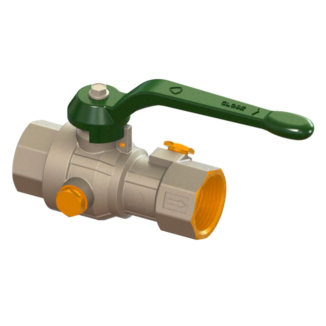 Water full-bore ball valve, standard series with in-line check valve and 2 drains with handle, FEMALE-FEMALE