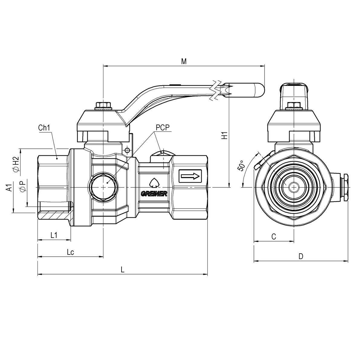 Water full-bore ball valve, standard series with in-line check valve and 2 drains with handle, FEMALE-FEMALE