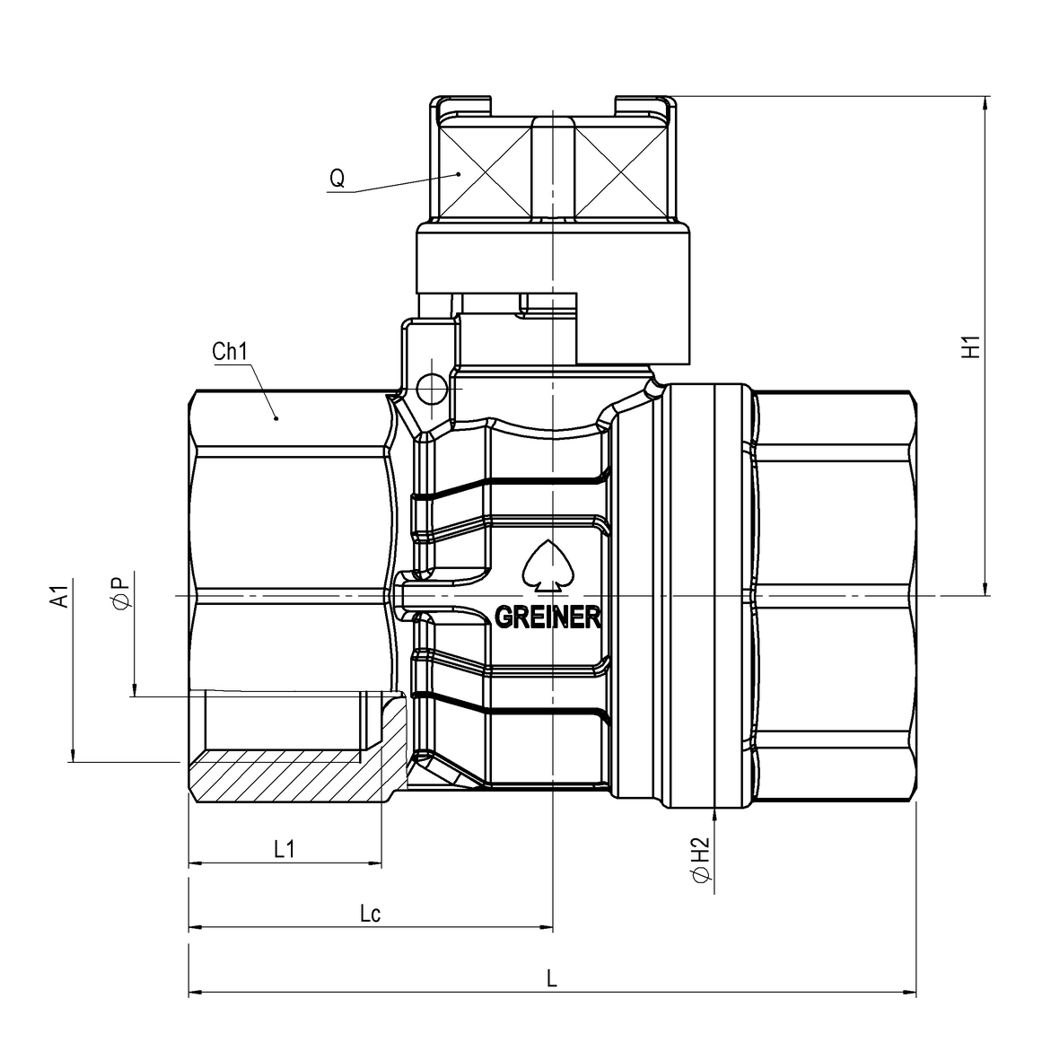 Water reduced-bore ball valve, standard series, with square cap FEMALE-FEMALE