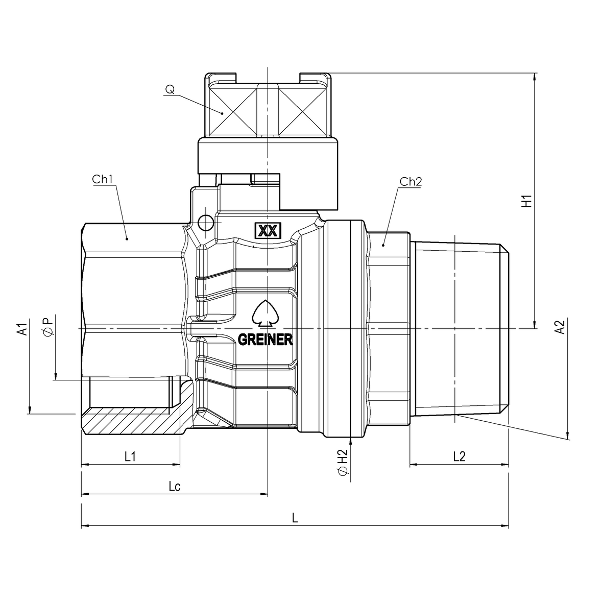 Water reduced-bore ball valve, standard series, with square cap MALE-FEMALE